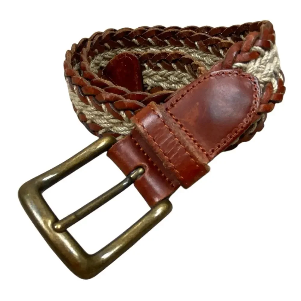 Vintage Fossil Leather Braided Belt Size M Cream Brown Boho